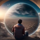 Person sitting in cave overlooking futuristic city in sphere with dramatic sky