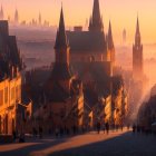 Historic European city street at sunrise with golden light and strolling people