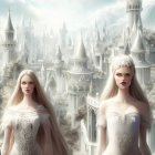 Ethereal women in elaborate gowns before fantastical city landscape