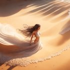 Flowing-haired woman on sand dune blends with sea waves