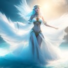 Blue-haired woman in golden attire emerging from misty waters with light wings against rocky backdrop