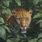 Spotted leopard emerges from dense green foliage