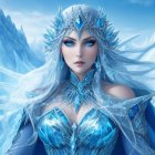 Mystical ice queen with blue eyes in crystalline crown and armor