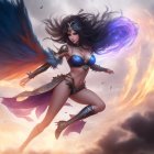 Female warrior in celestial armor with wings, wielding energy in dramatic sky.