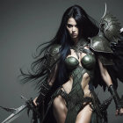 Fantasy warrior woman with dark hair, winged armor, sword in stormy setting