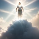 Figure with Radiant Light Head on Cloud Surrounded by Sunbeams