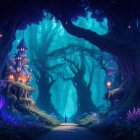 Enchanted forest with glowing flora and mystical structures under blue light