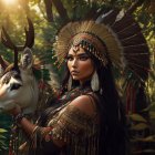 Woman in Native American attire with deer in sunlit forest