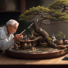 Elderly person trimming bonsai tree in serene setting