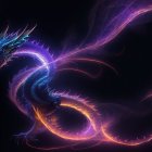 Serpentine dragon with blue and purple hues on dark background