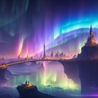Fantastical twilight landscape with vibrant aurora borealis above illuminated castle on cliff and bridge over water