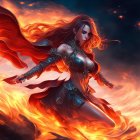 Fantasy Scene: Female Character in Flames with Red Hair