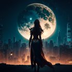 Silhouetted figure admiring futuristic cityscape with detailed moon