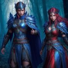 Fantastical armored female warriors in mystical blue forest