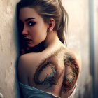 Detailed dragon tattoo on woman's back against blurred background