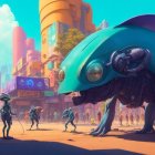 Colorful futuristic street scene with alien creatures and humanoid beings in vibrant cityscape.