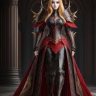 Regal figure in silver and red armor with long cape in elegant, dark hall