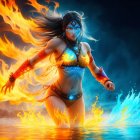 Mystical female figure with swirling fire and water elements