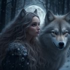 Portrait of woman with wavy hair blending with wolf in snowy forest under full moon