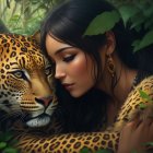 Woman with leopard-like body paint resting head on jaguar in lush green foliage