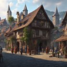 Medieval village street with timber-framed houses and castle-topped hills