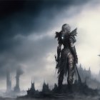 Mysterious figure in ornate armor against spire-filled landscape