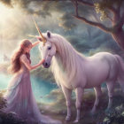 Woman in flowing gown touching unicorn in mystical forest clearing