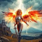 Fantasy warrior with fiery wings and sword in dramatic castle landscape