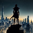 Silhouette of person on rock with futuristic cityscape at twilight