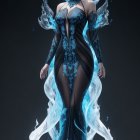 Fantasy character digital art: Blue flowing hair, elegant dark dress with mystical smoke patterns.