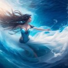 Dark-haired mermaid gracefully swimming in deep blue sea