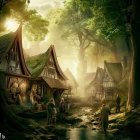 Enchanting village in mystical forest with traditional wooden houses