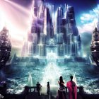 Individuals in cloaks view fantastical landscape with spires and light columns