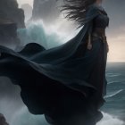 Majestic woman in dark cape on cliff above turbulent sea waves