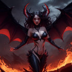 Female demon with horns, wings, and fiery backdrop