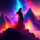 Woman in Red Dress Gazes at Colorful Nebula Sky above Mountains