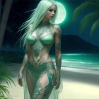 Digital artwork of woman with white hair and green tattoos on tropical beach at moonlight