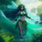 Mystical forest nymph with flowing hair in green attire amid lush greenery and waterfalls.