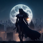 Silhouette of woman with flowing hair and cape under full moon holding glowing orb