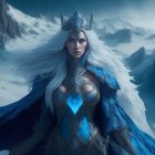 Regal woman with frosty crown in blue gown against snowy mountain landscape