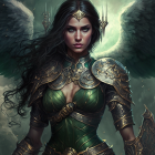 Dark-winged female warrior in ornate armor prepares for battle in mystical forest