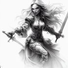 Monochromatic fantasy illustration of fierce female warrior with maces