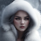 Woman in white fur hood with intense eyes and white wolf in snowy background
