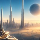 Futuristic cityscape at sunrise with skyscrapers and giant planet in the sky