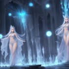 Ethereal figures in icy cavern with stalactites & orbs