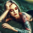 Tattooed woman with elegant makeup and earring lying on grass