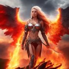 Warrior woman fantasy illustration with red wings and sword in fiery landscape