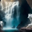 Silver-haired woman with wolves in mystical cave setting by waterfall.