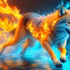 Digital artwork: Wolf engulfed in flames, walking on water, vibrant blue and orange backdrop