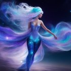 Woman blending with cosmic nebula in digital artwork